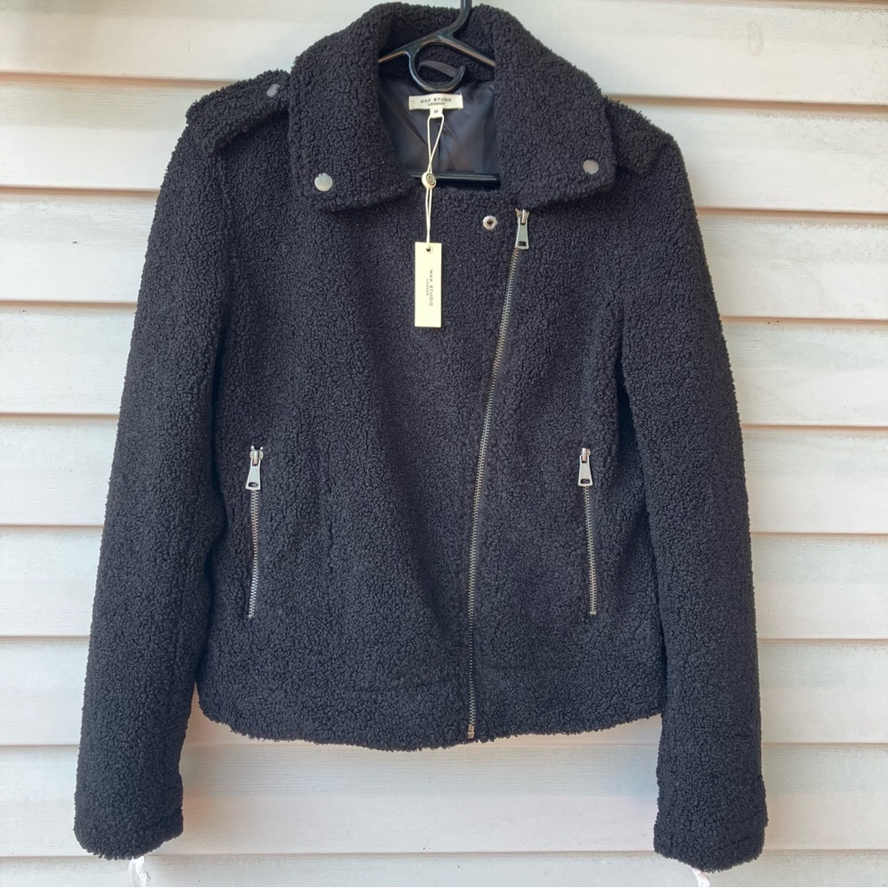Max Studio London Black Sherpa Teddy Asymmetrical Zip Jacket NEW Size Medium